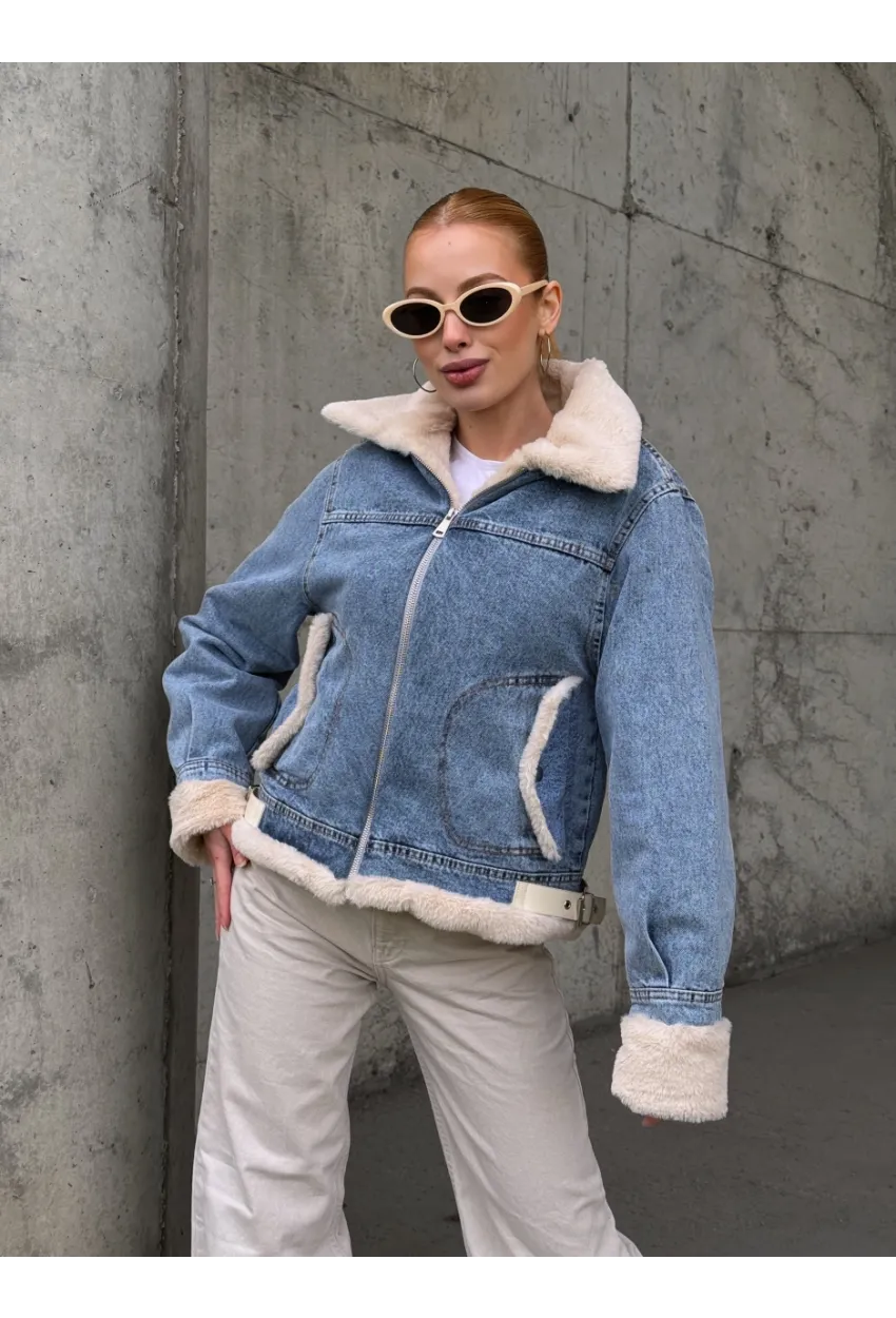Kadın Yakası Peluş Kot Ceket