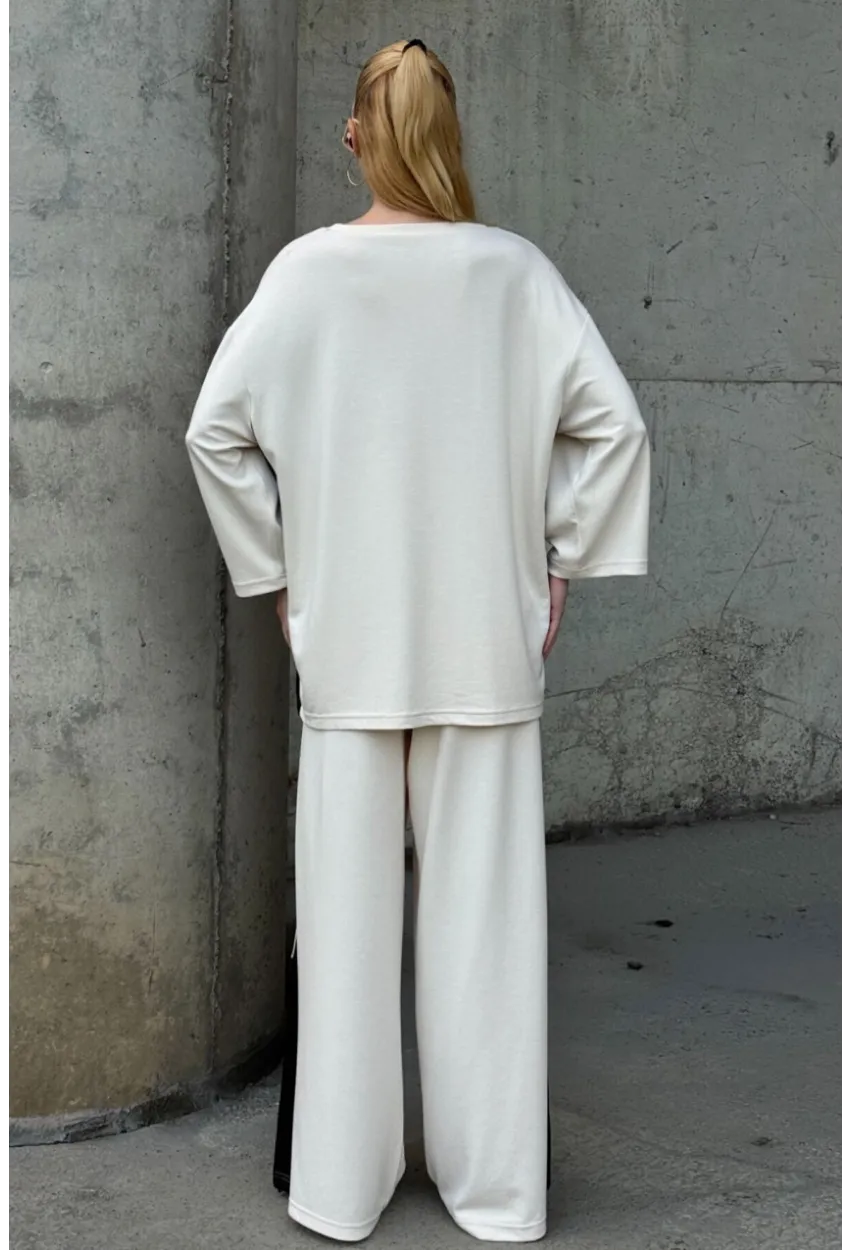 Kadın Yanları Şerit Detay Alt Üst Takım Beyaz