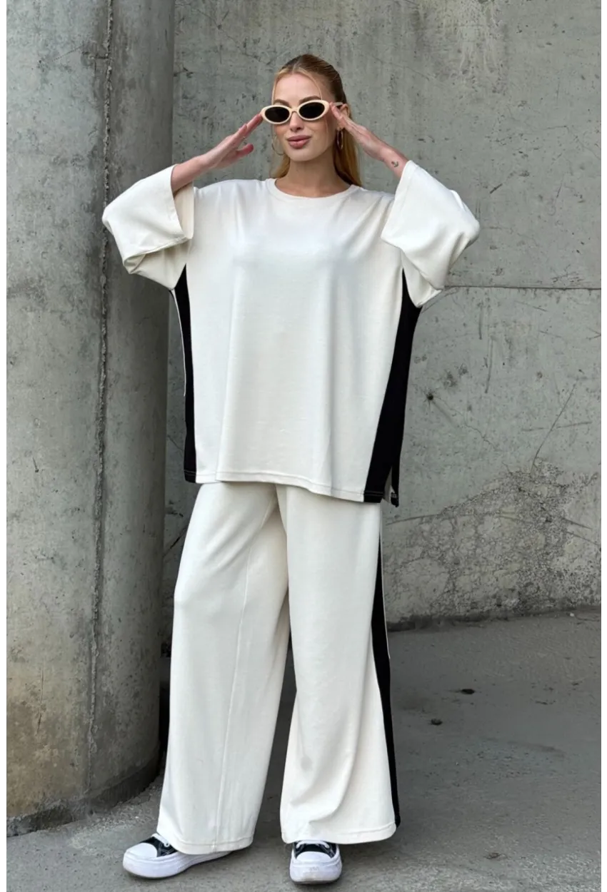 Kadın Yanları Şerit Detay Alt Üst Takım Beyaz