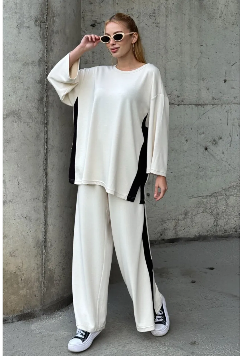 Kadın Yanları Şerit Detay Alt Üst Takım Beyaz