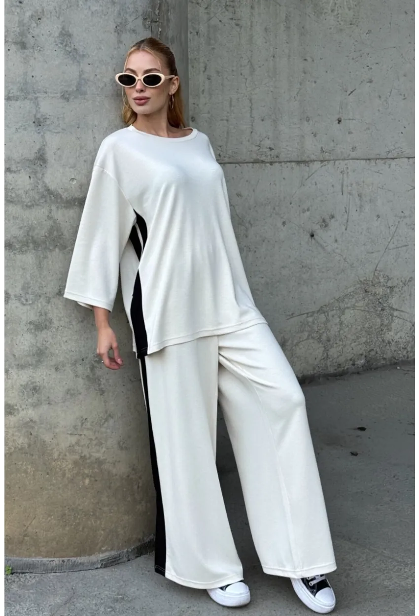 Kadın Yanları Şerit Detay Alt Üst Takım Beyaz