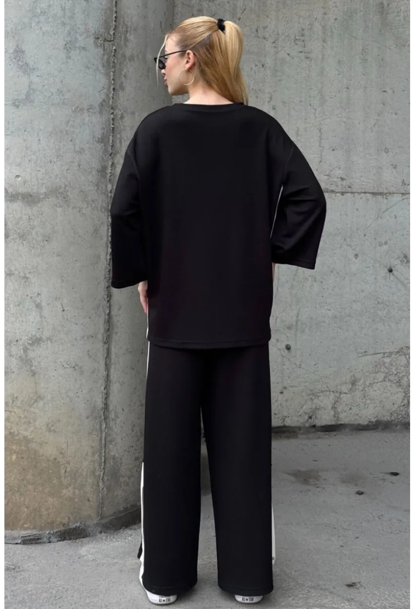 Kadın Yanları Şerit Detay Alt Üst Takım Siyah