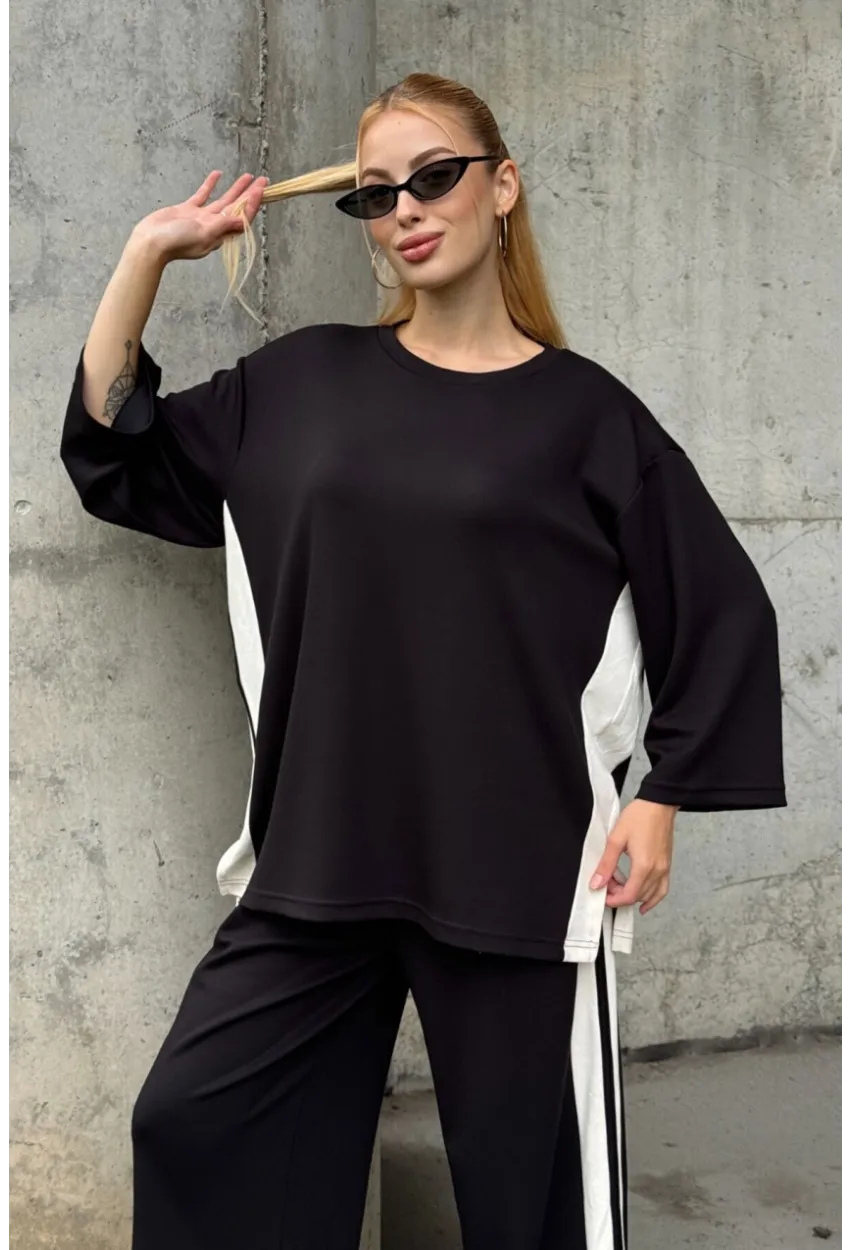 Kadın Yanları Şerit Detay Alt Üst Takım Siyah