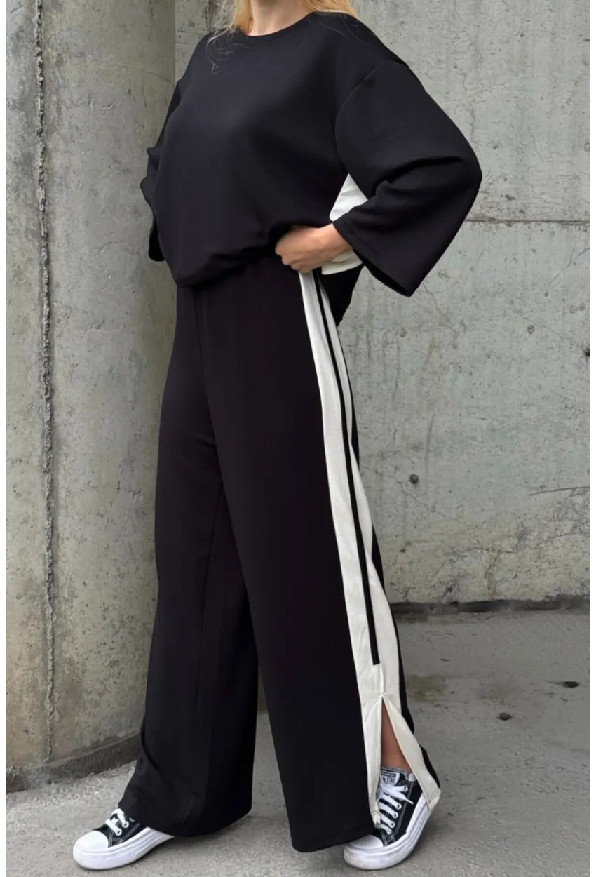 Kadın Yanları Şerit Detay Alt Üst Takım Siyah