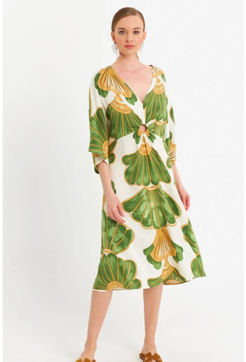 Kadın Yeşil-Beyaz Desenli Pencereli Midi Elbise Q1003