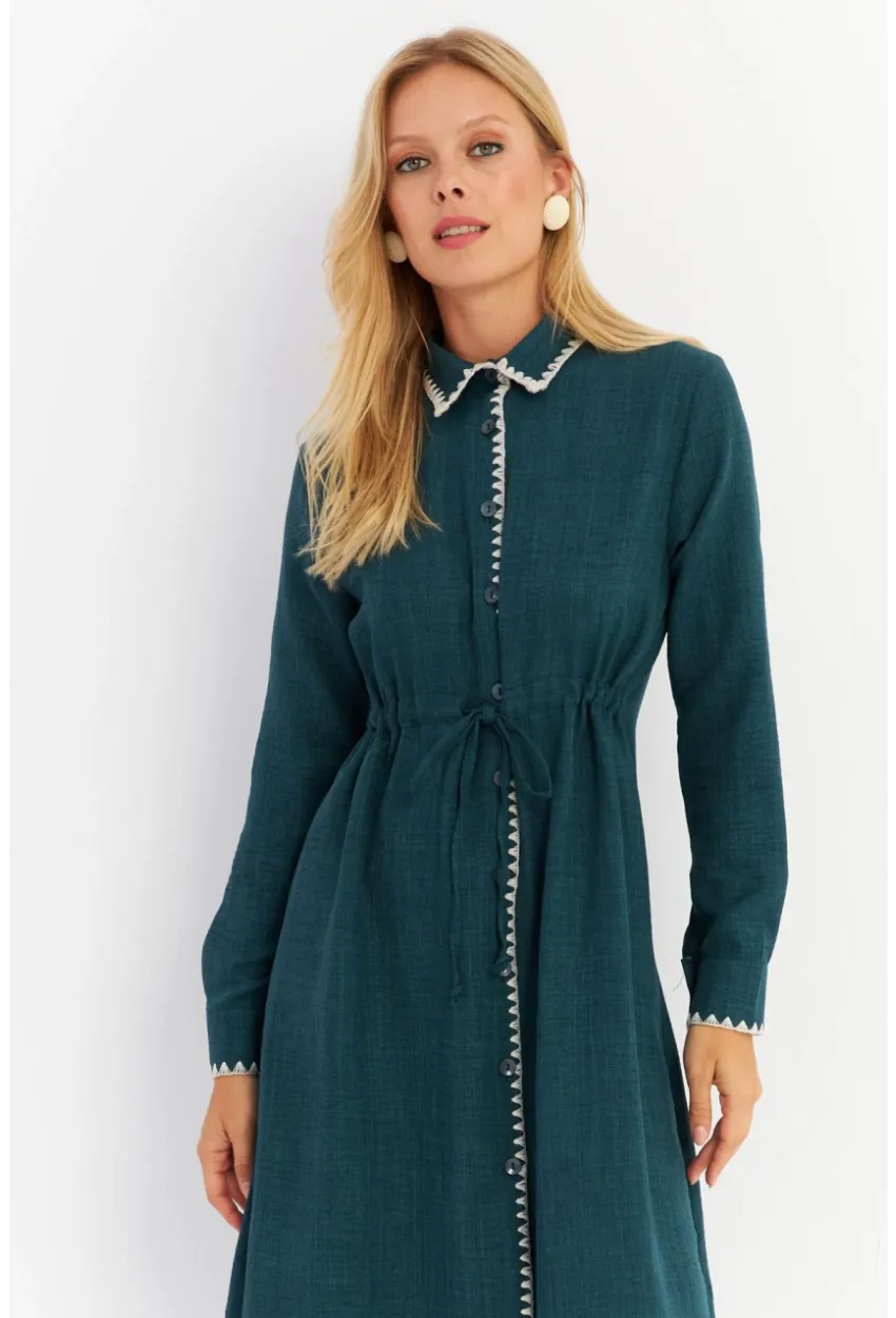 Kadın Yeşil Garnili Gömlek Midi Elbise MASF10