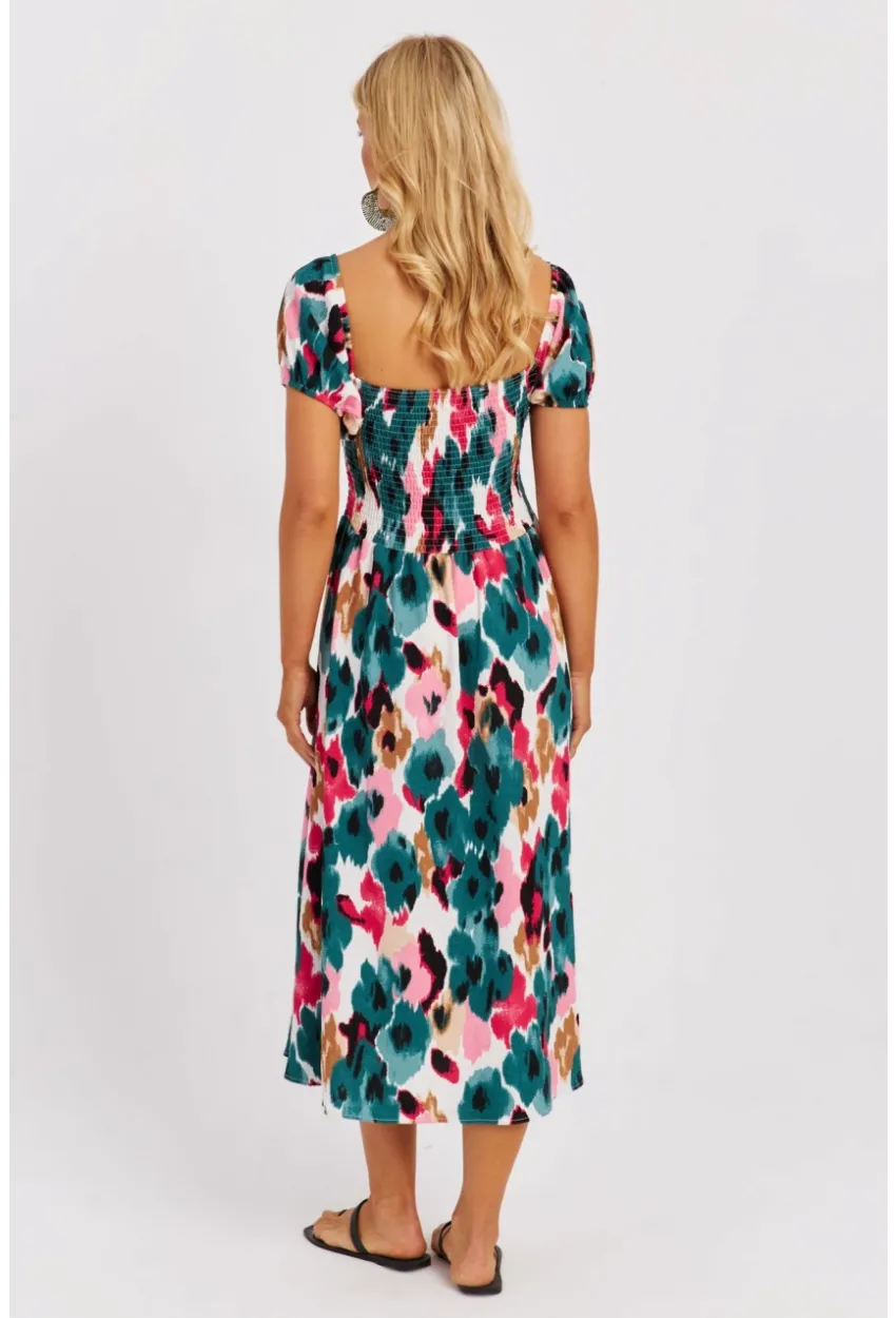 Kadın Yeşil Gipeli Desenli Midi Elbise MON126