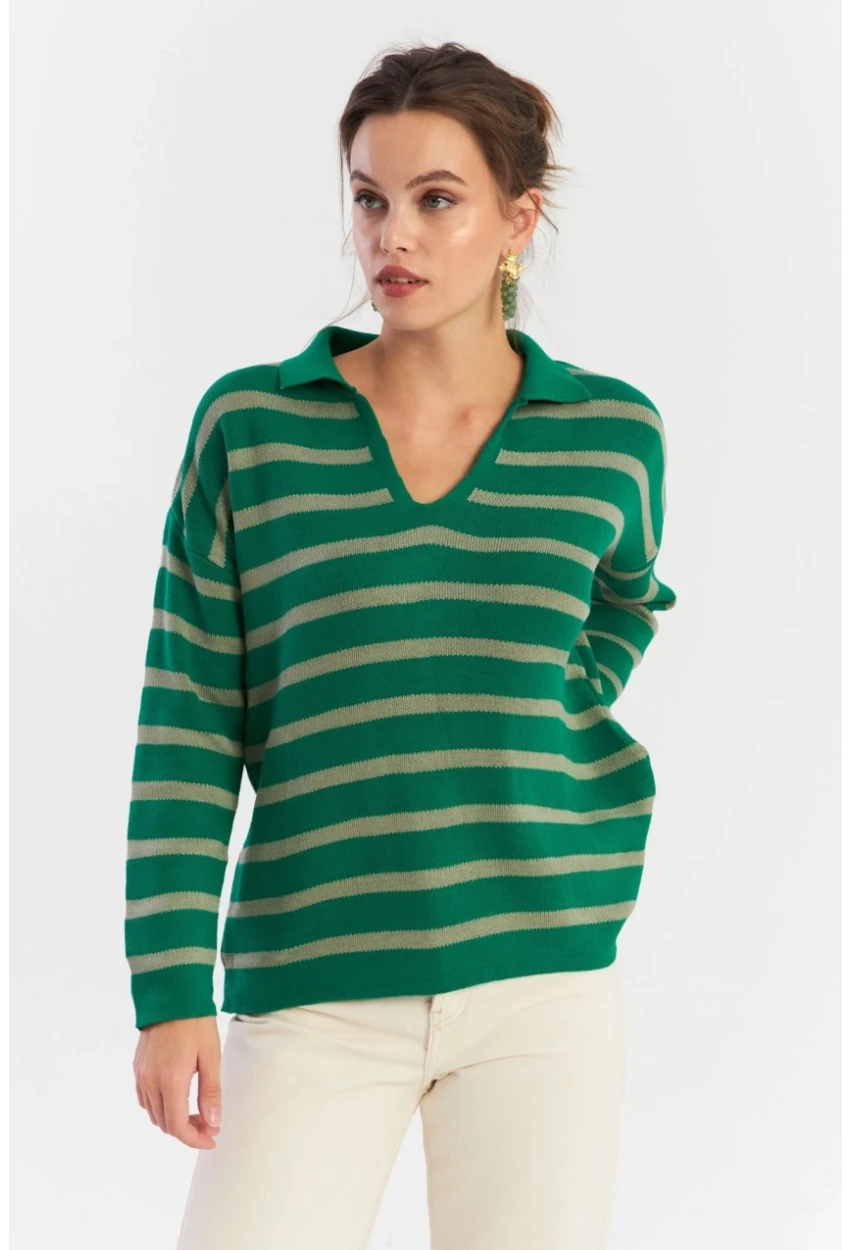 Kadın Yeşil-Gri Polo Yaka Çizgili Triko Kazak COL01