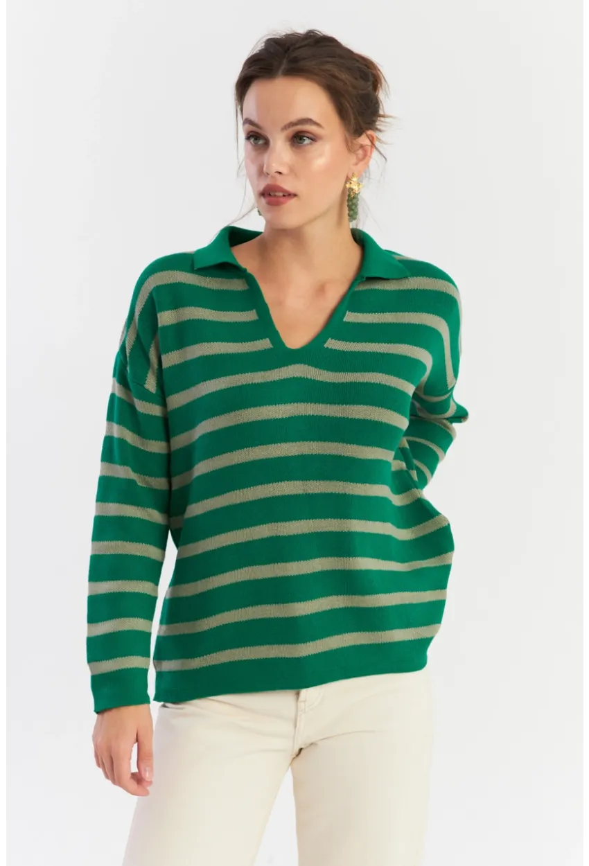 Kadın Yeşil-Gri Polo Yaka Çizgili Triko Kazak COL01