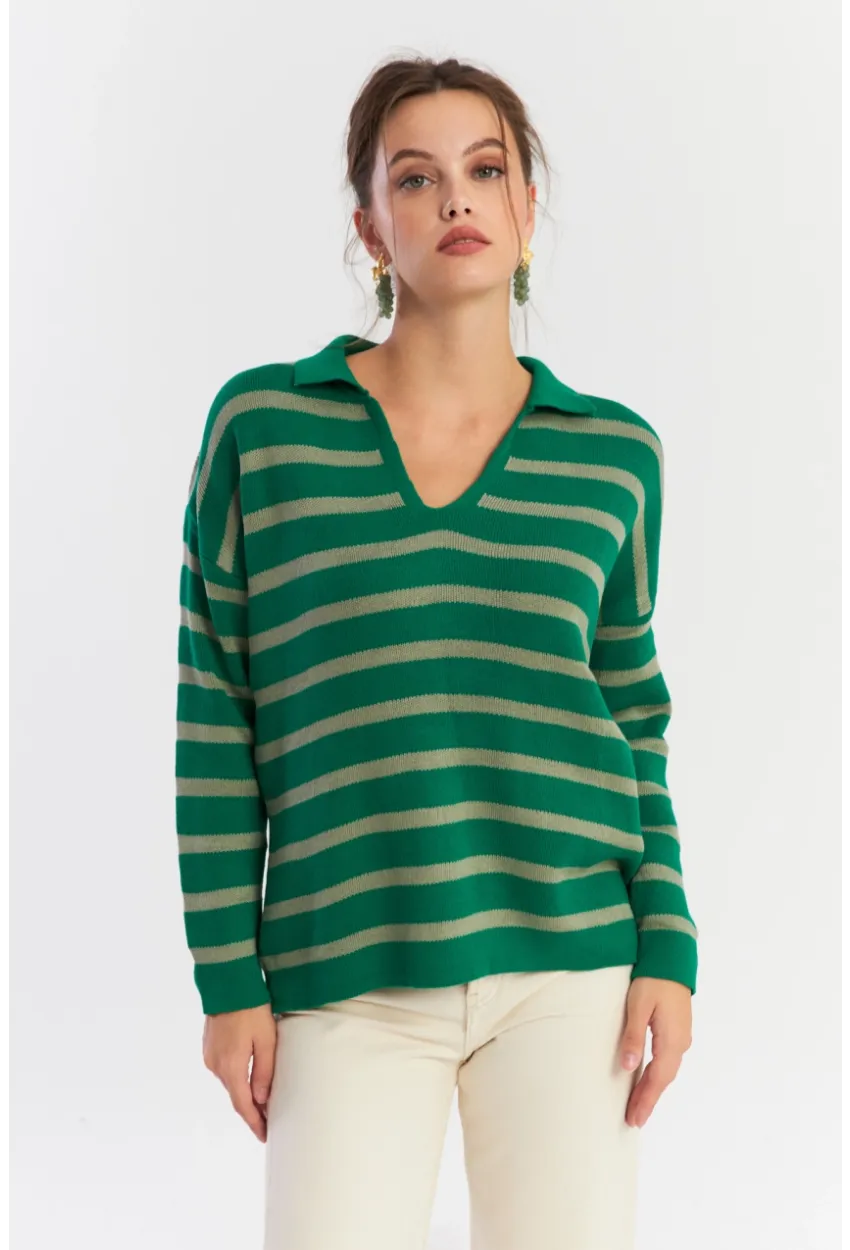 Kadın Yeşil-Gri Polo Yaka Çizgili Triko Kazak COL01