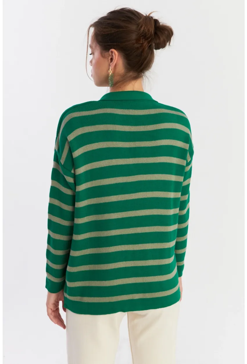 Kadın Yeşil-Gri Polo Yaka Çizgili Triko Kazak COL01