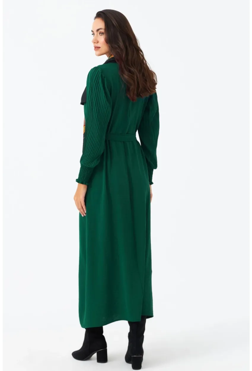 Kadın Yeşil Kolları Pileli Kemerli Maxi Elbise MASF124
