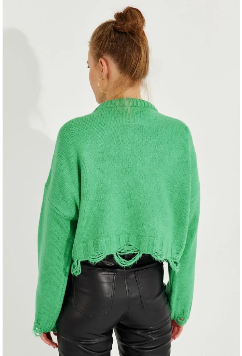 Kadın Yeşil Yırtık Detaylı Triko Kazak KZ2800
