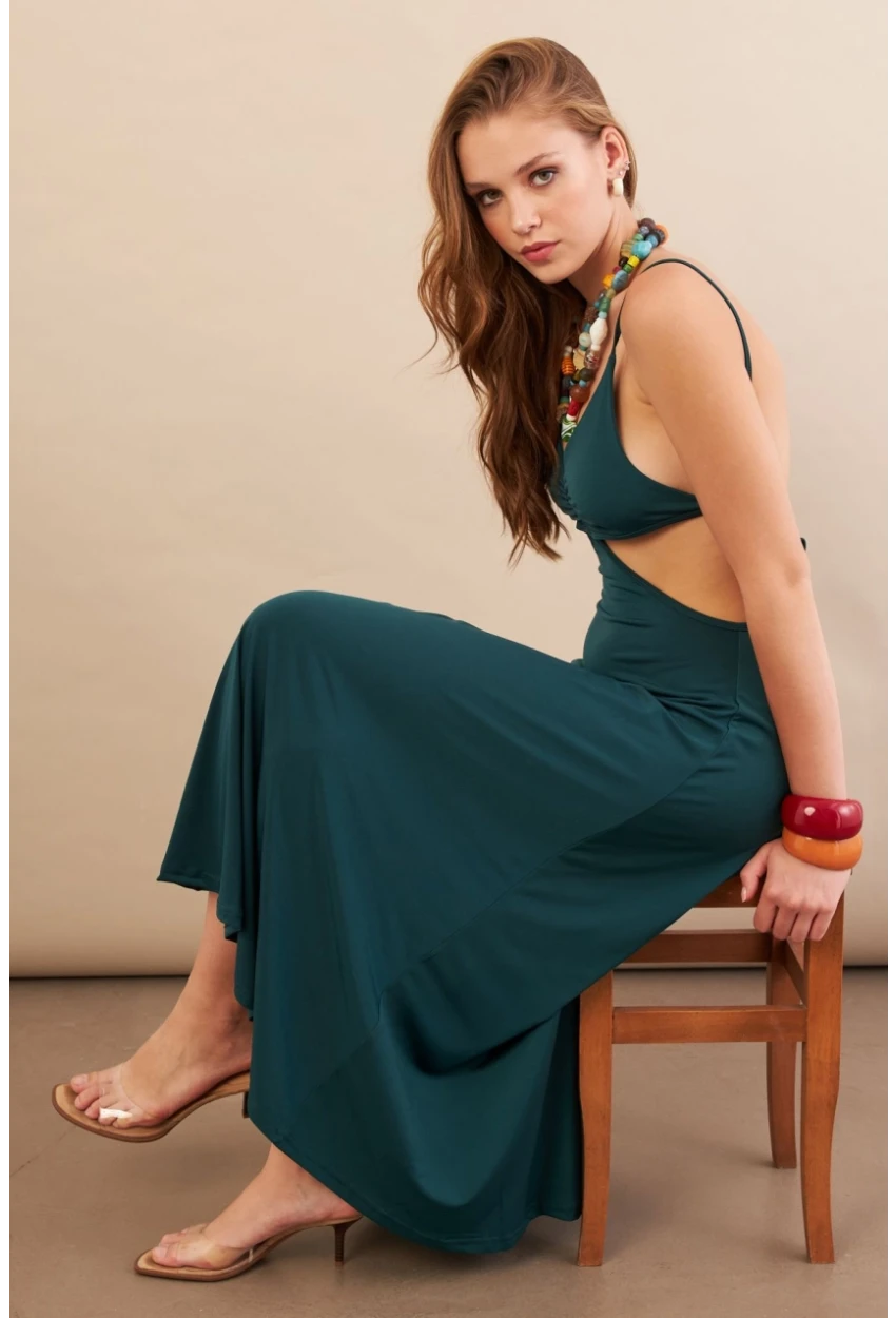 Kadın Zümrüt Yeşil Sırtı Açık Halter Yaka Midi Elbise AN7036