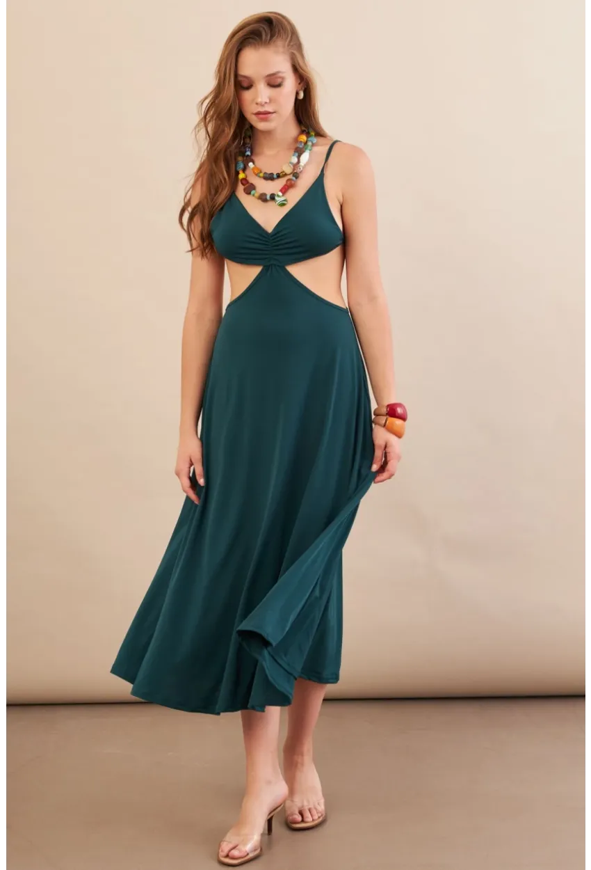 Kadın Zümrüt Yeşil Sırtı Açık Halter Yaka Midi Elbise AN7036