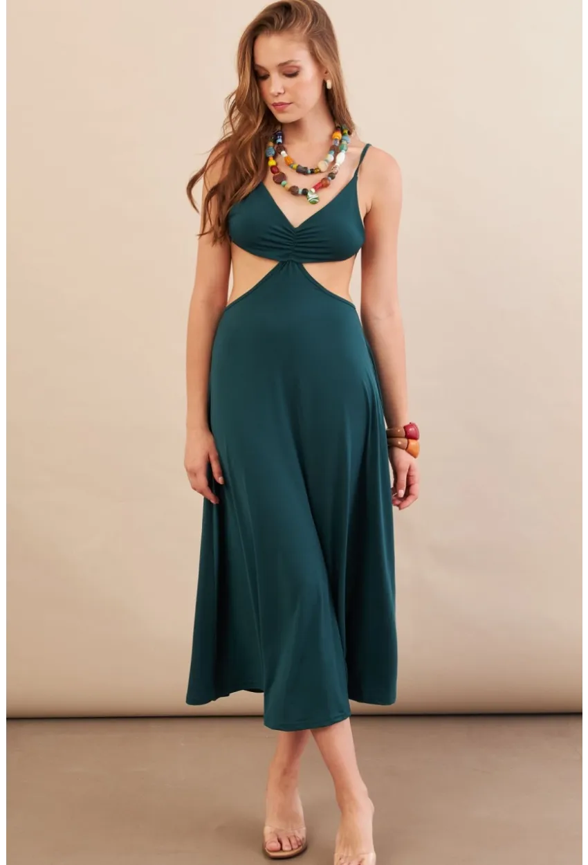 Kadın Zümrüt Yeşil Sırtı Açık Halter Yaka Midi Elbise AN7036