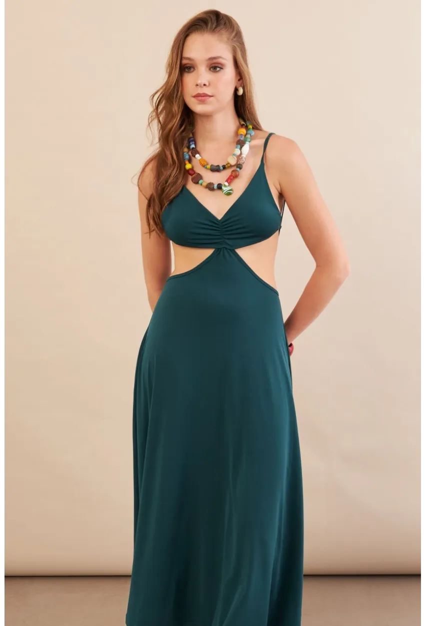 Kadın Zümrüt Yeşil Sırtı Açık Halter Yaka Midi Elbise AN7036