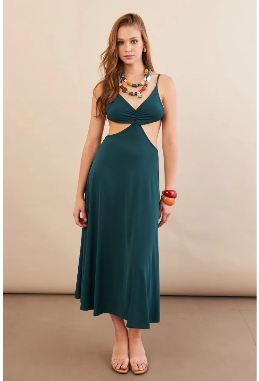 Kadın Zümrüt Yeşil Sırtı Açık Halter Yaka Midi Elbise AN7036