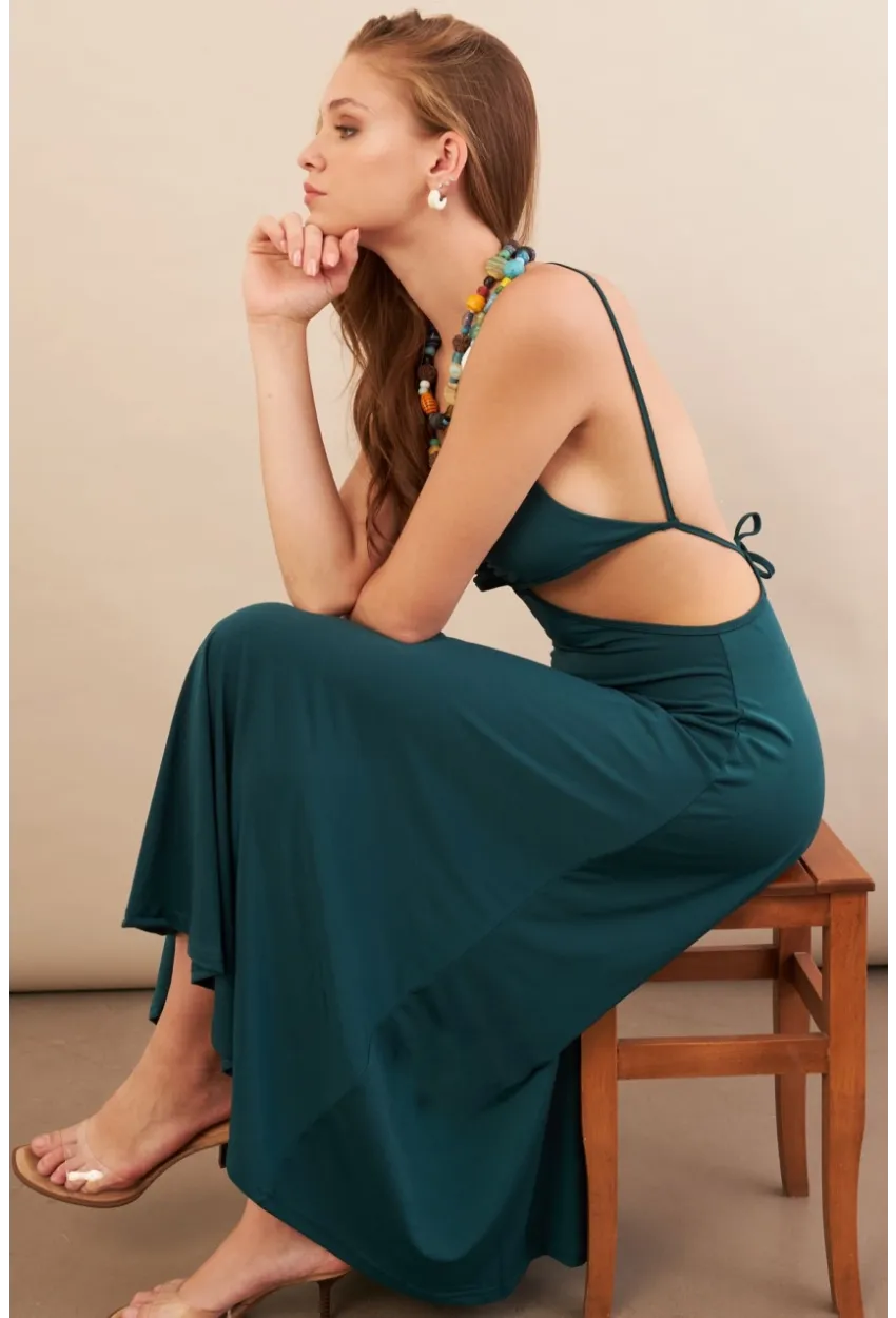 Kadın Zümrüt Yeşil Sırtı Açık Halter Yaka Midi Elbise AN7036