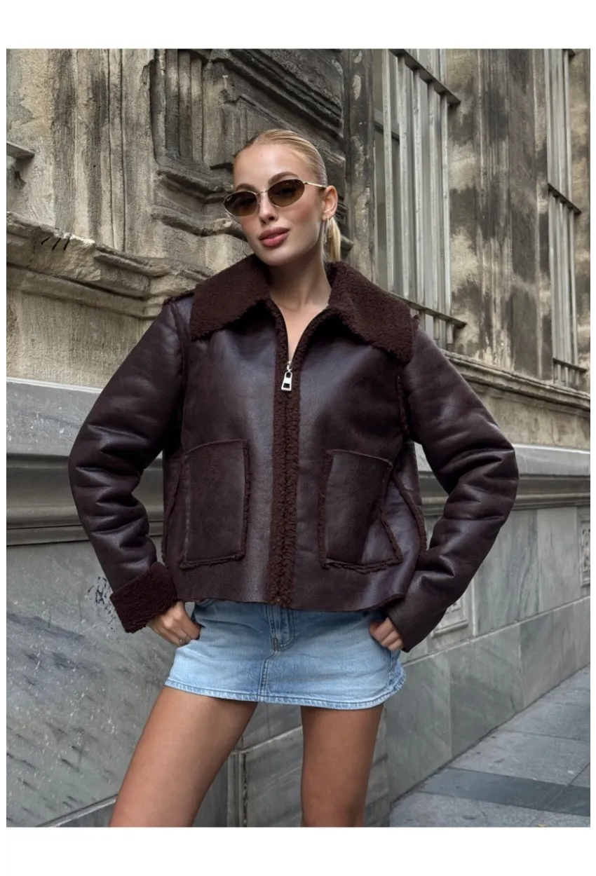 Kahverengi Çift Cepli İçi Suni Kürklü Biker Mont