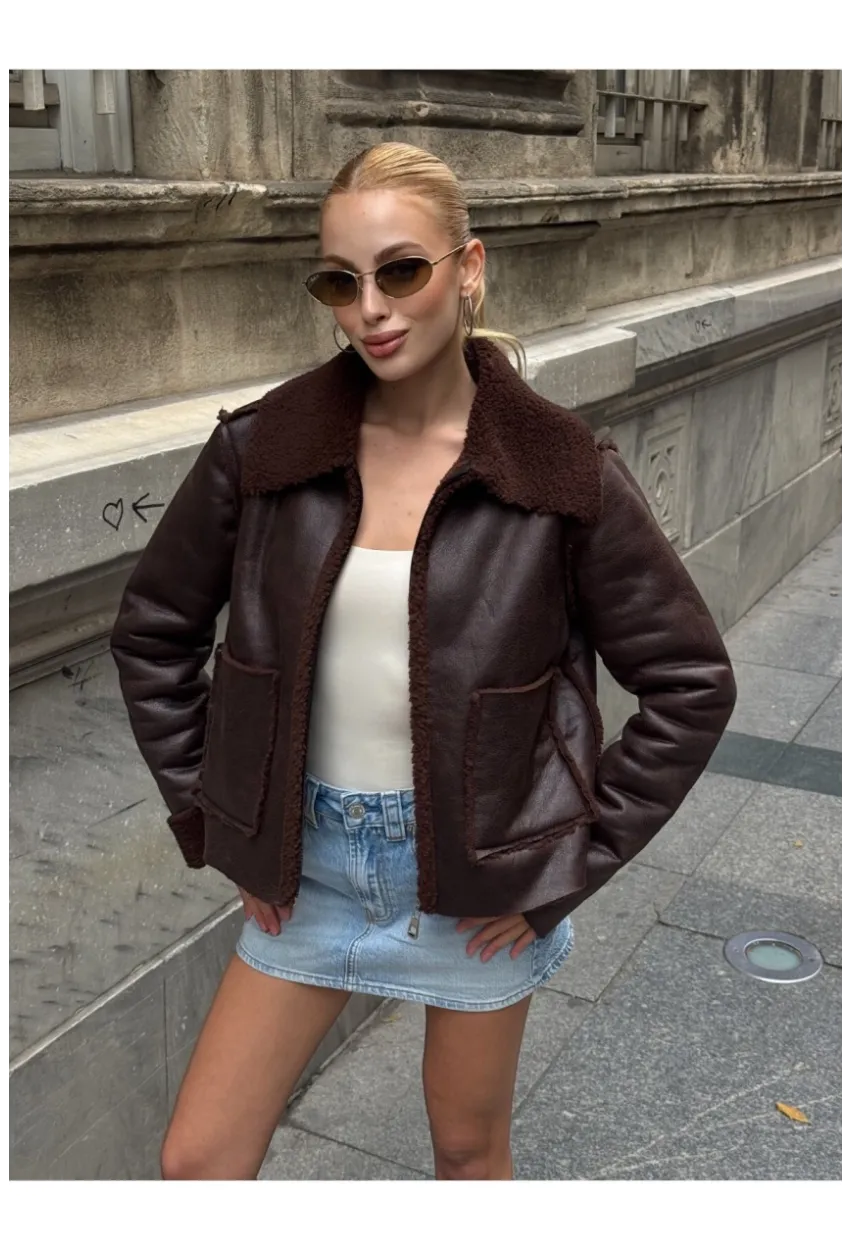 Kahverengi Çift Cepli İçi Suni Kürklü Biker Mont