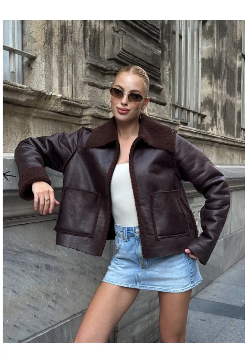 Kahverengi Çift Cepli İçi Suni Kürklü Biker Mont