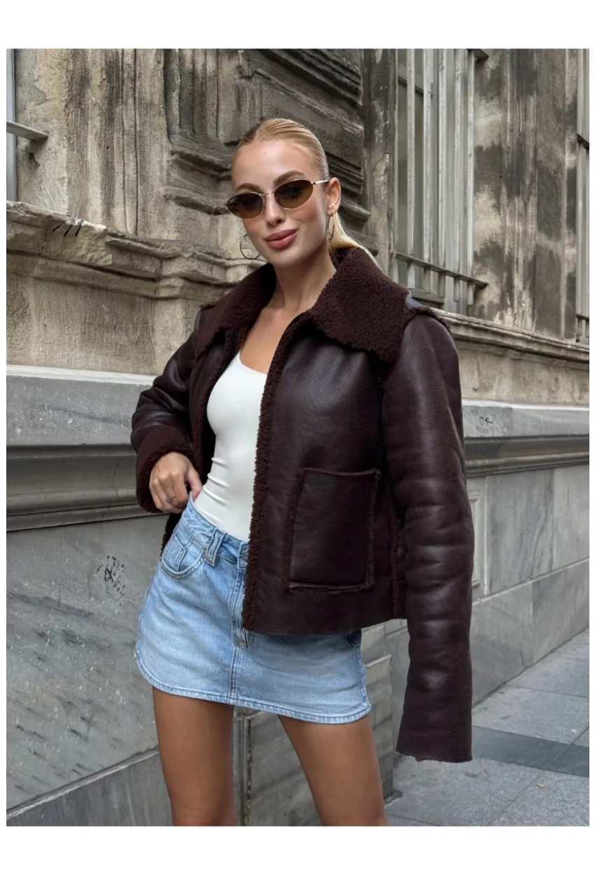 Kahverengi Çift Cepli İçi Suni Kürklü Biker Mont