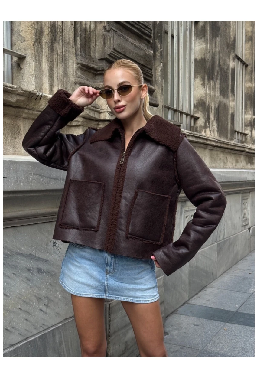 Kahverengi Çift Cepli İçi Suni Kürklü Biker Mont