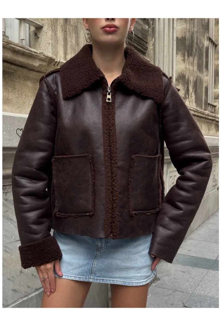Kahverengi Çift Cepli İçi Suni Kürklü Biker Mont