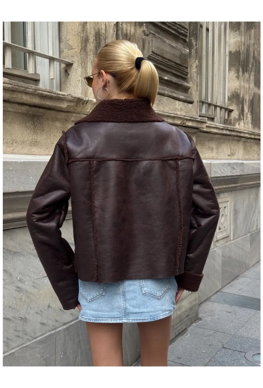 Kahverengi Çift Cepli İçi Suni Kürklü Biker Mont