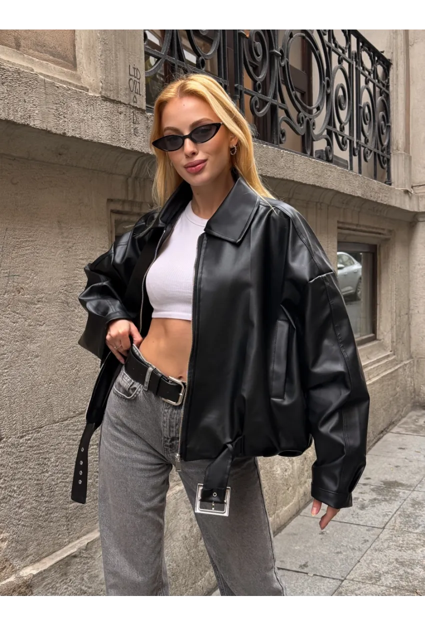 Kemerli Yarasa Kol Deri Ceket