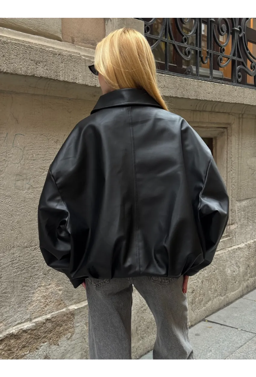 Kemerli Yarasa Kol Deri Ceket