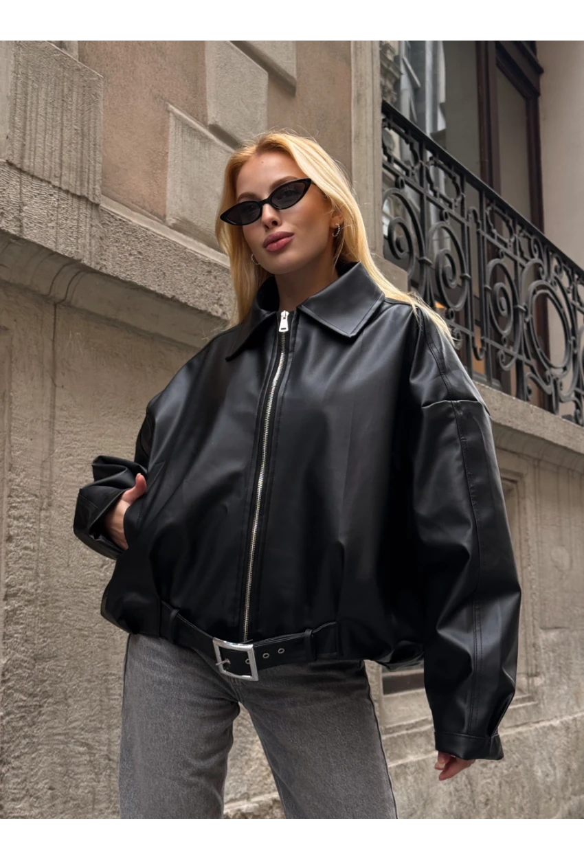 Kemerli Yarasa Kol Deri Ceket