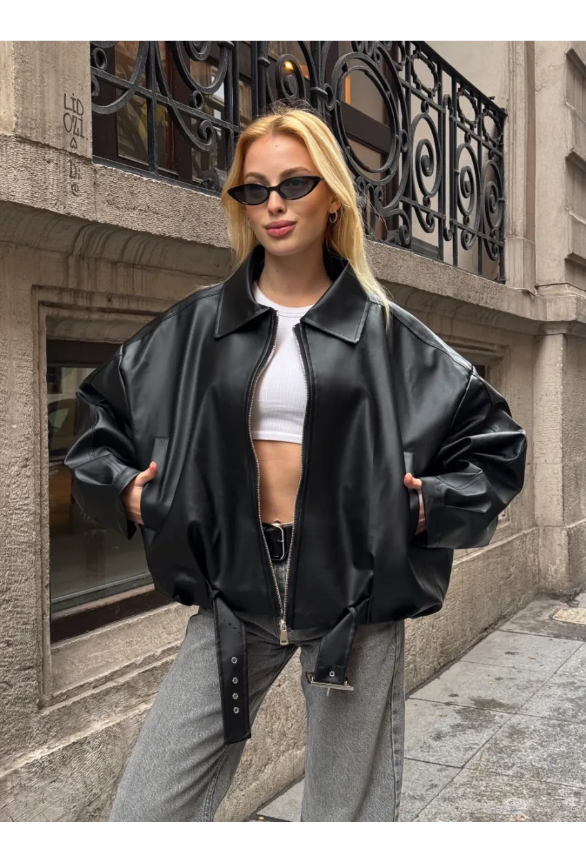 Kemerli Yarasa Kol Deri Ceket
