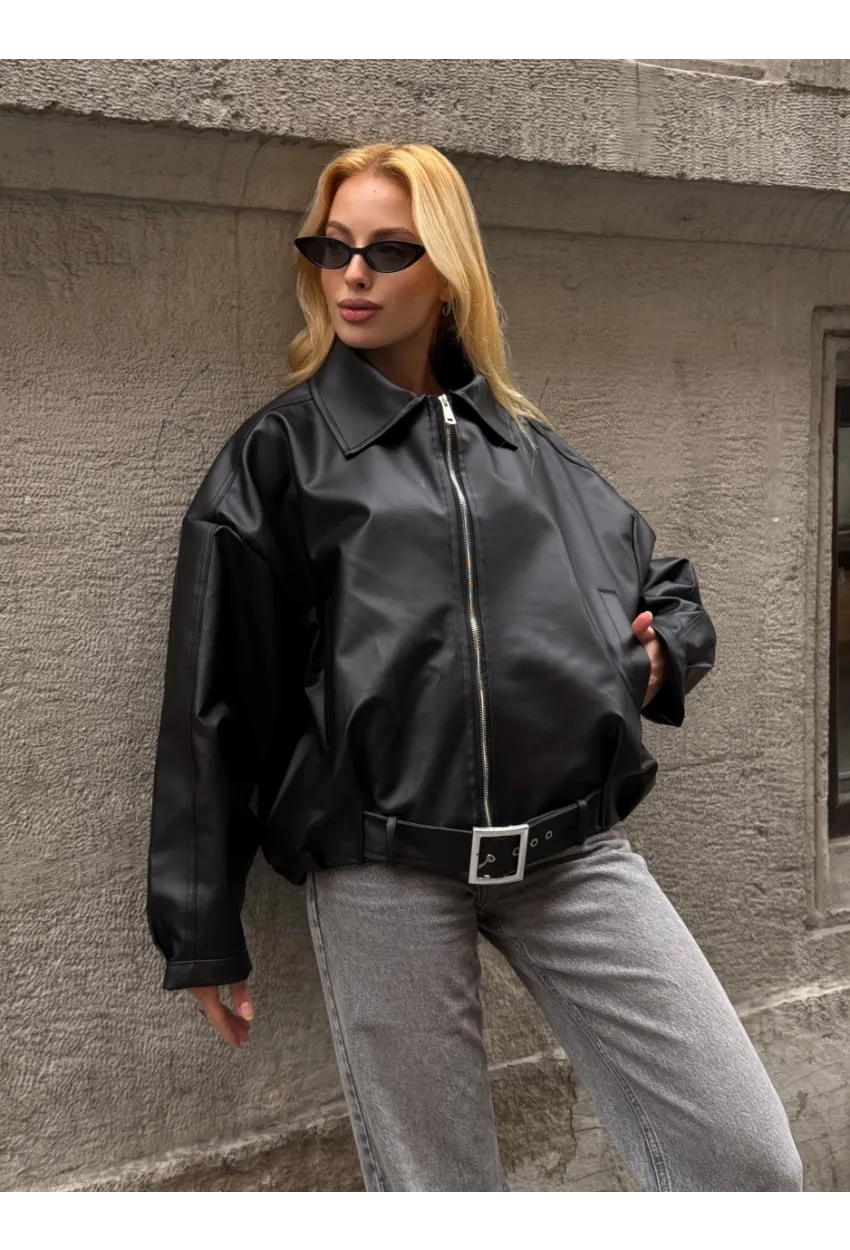 Kemerli Yarasa Kol Deri Ceket