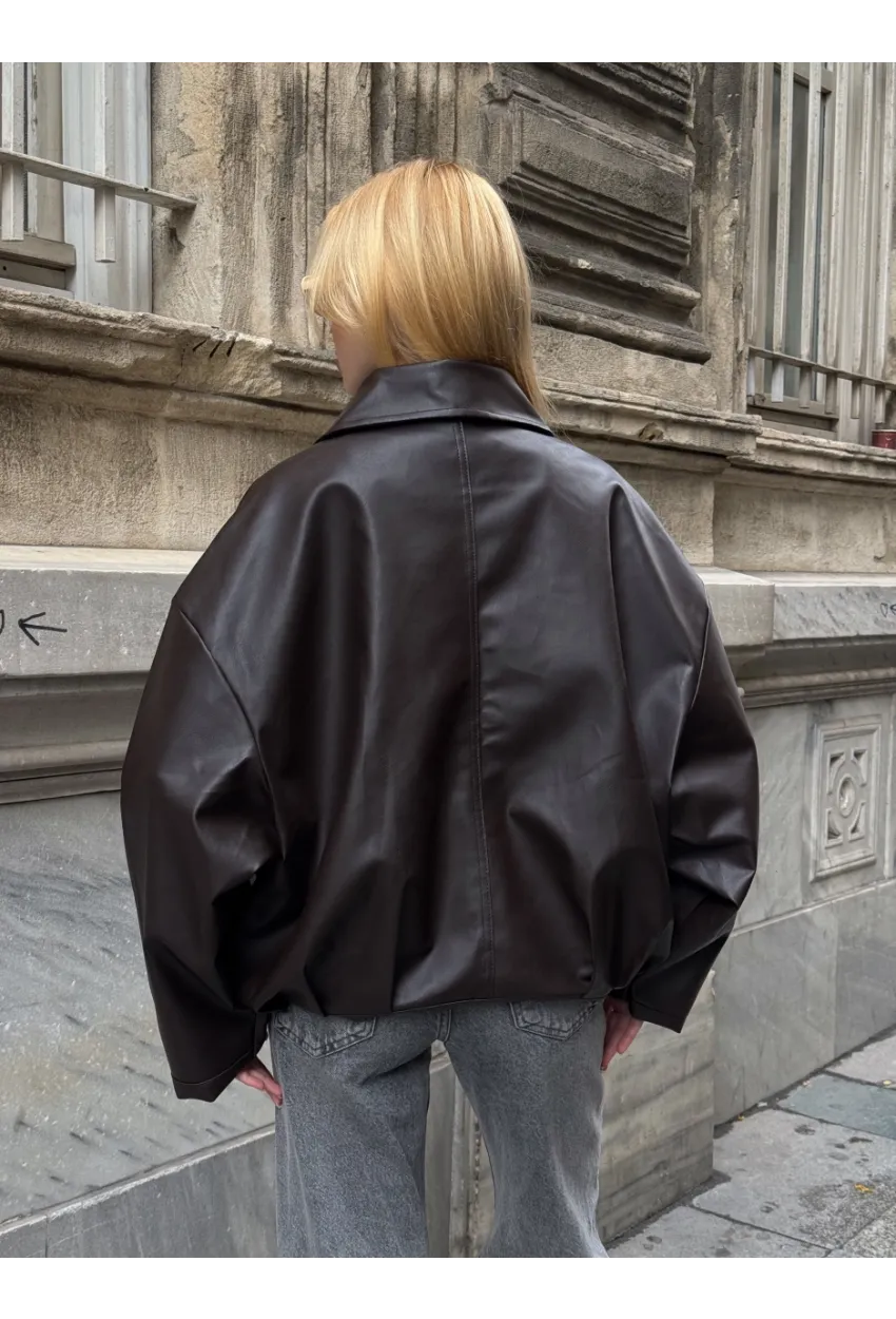 Kemerli Yarasa Kol Deri Ceket