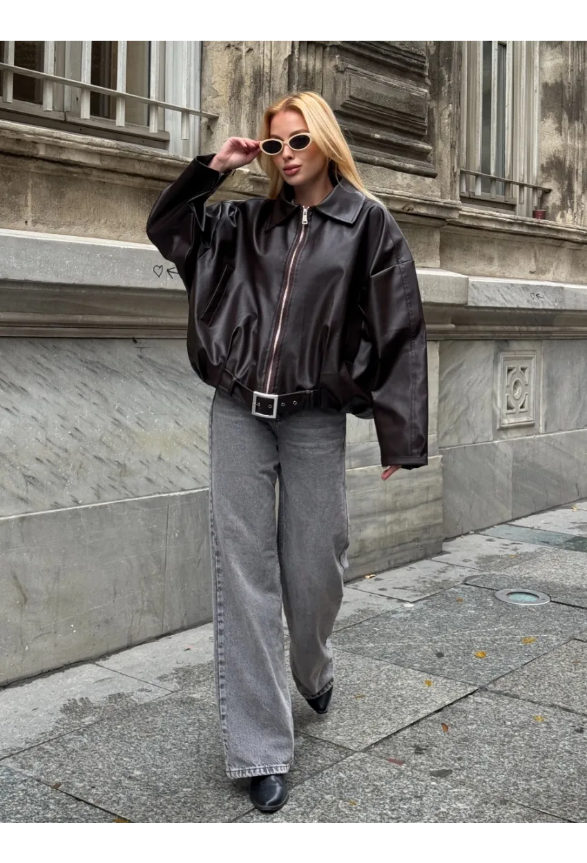 Kemerli Yarasa Kol Deri Ceket