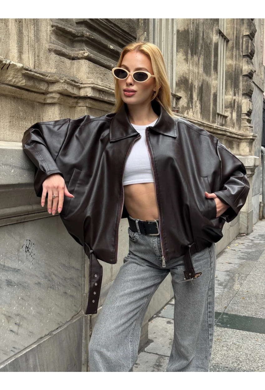 Kemerli Yarasa Kol Deri Ceket