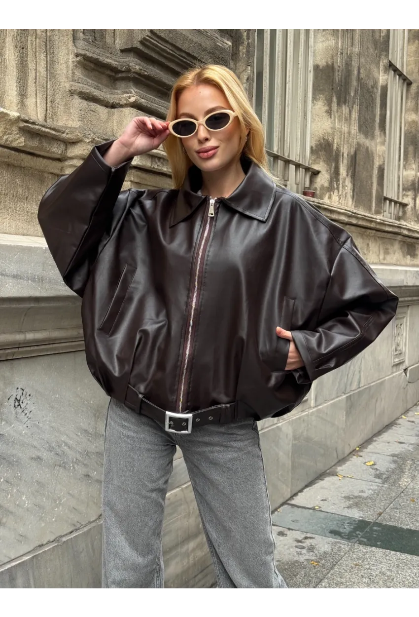 Kemerli Yarasa Kol Deri Ceket