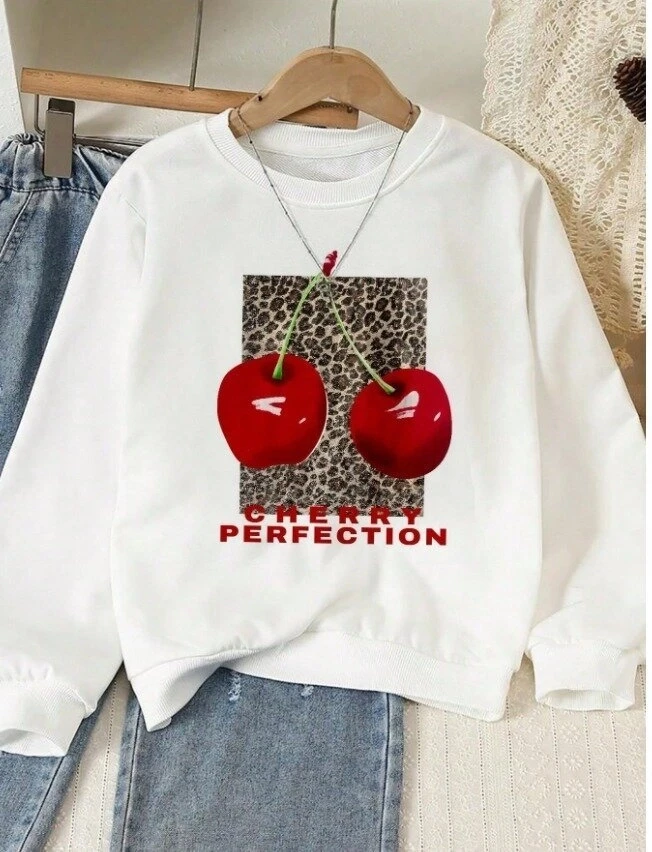 Kiraz Baskılı Oversize 3 İplik Sweat Beyaz