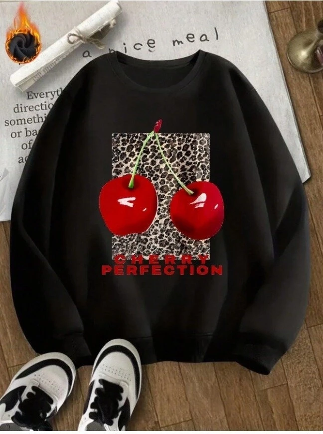 Kiraz Baskılı Oversize 3 İplik Sweat Siyah