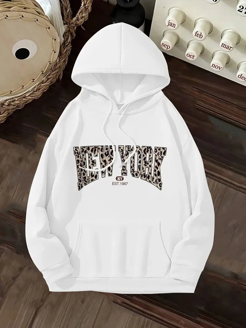 Leopar Detay New York Baskılı Oversize 3 İplik Kapüşonlu Sweat