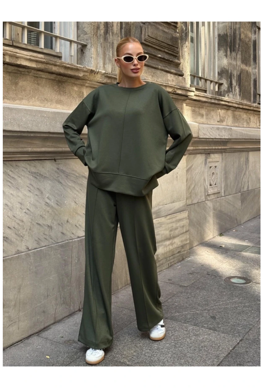 Modal Kumaş Haki Oversize Sweat İkili Takım