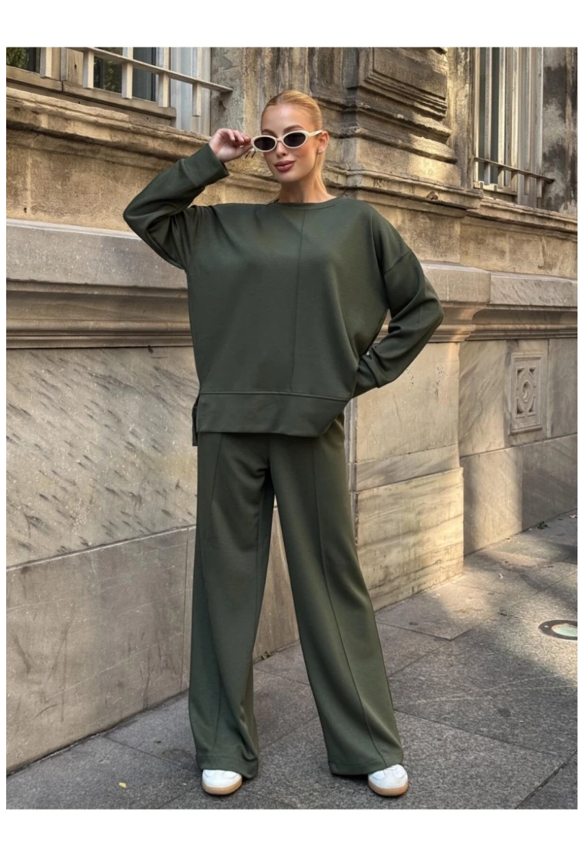 Modal Kumaş Haki Oversize Sweat İkili Takım