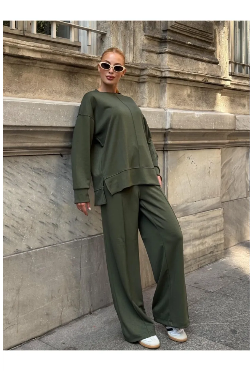 Modal Kumaş Haki Oversize Sweat İkili Takım