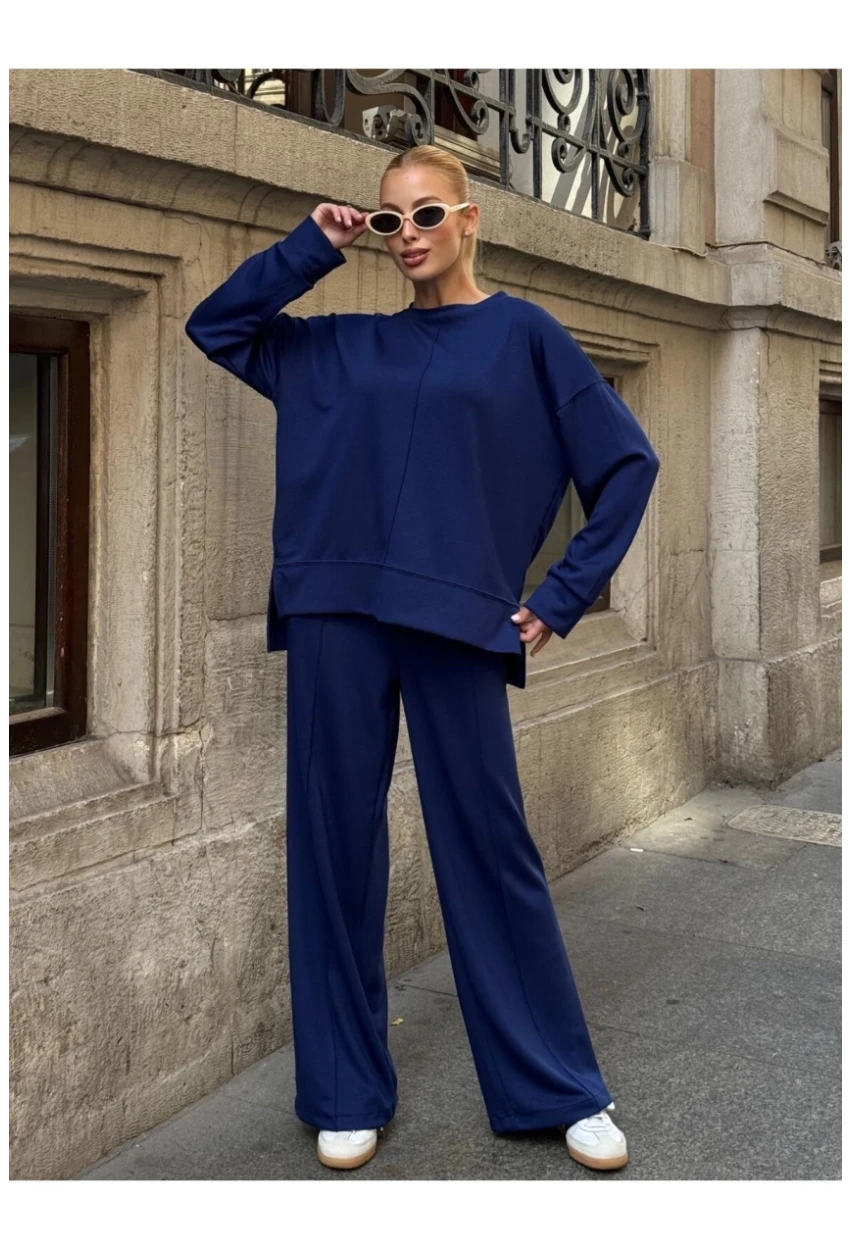 Modal Kumaş Lacivert Oversize Sweat İkili Takım