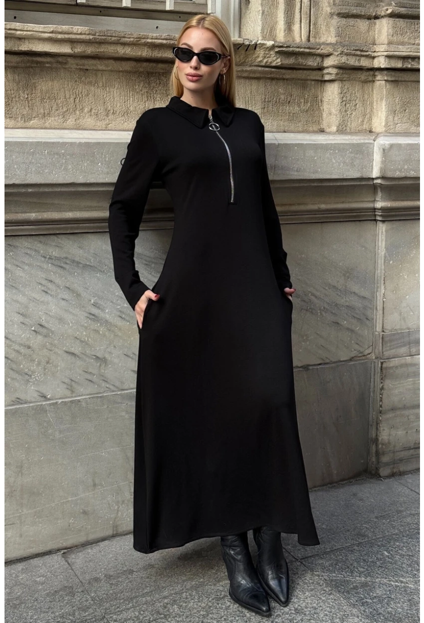 Polo Yaka Fermuarlı Çift Cep Rahat Kesim Elbise