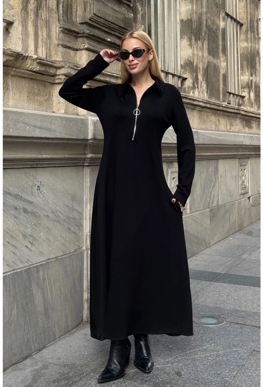 Polo Yaka Fermuarlı Çift Cep Rahat Kesim Elbise