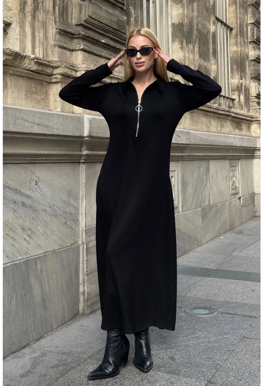 Polo Yaka Fermuarlı Çift Cep Rahat Kesim Elbise