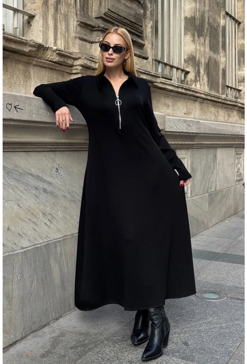 Polo Yaka Fermuarlı Çift Cep Rahat Kesim Elbise